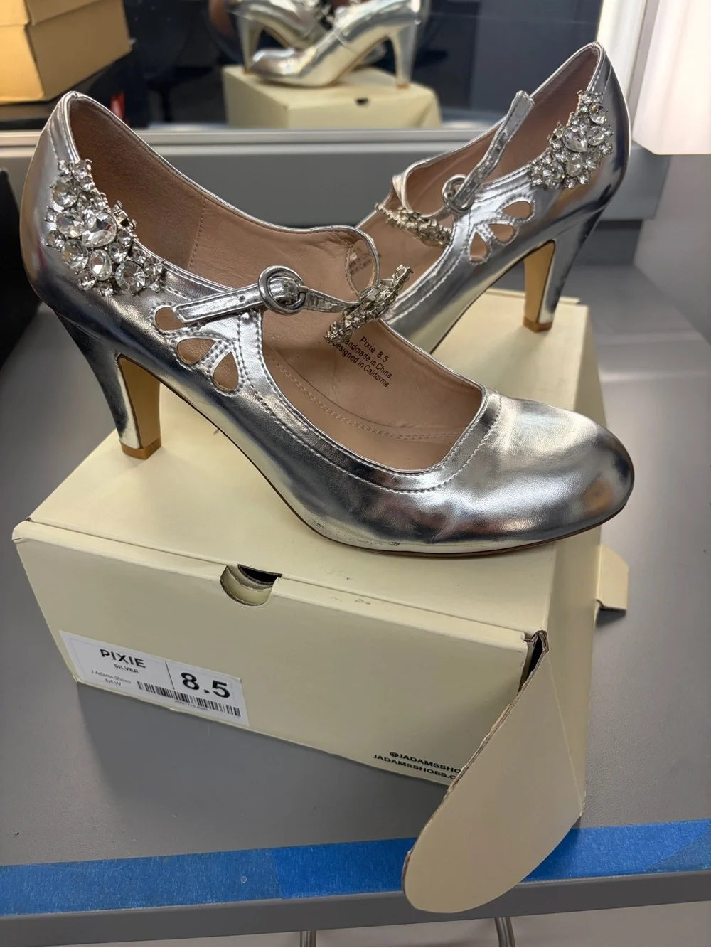 Silver Embellished Mary Jane Heels - Women's Dress Shoes